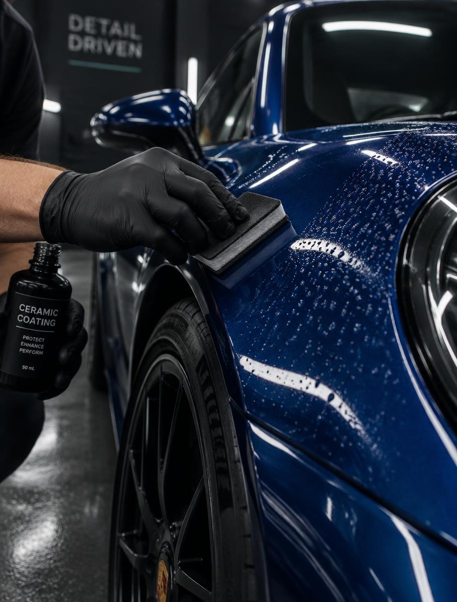 Detailer applying ceramic coating to a blue sports car