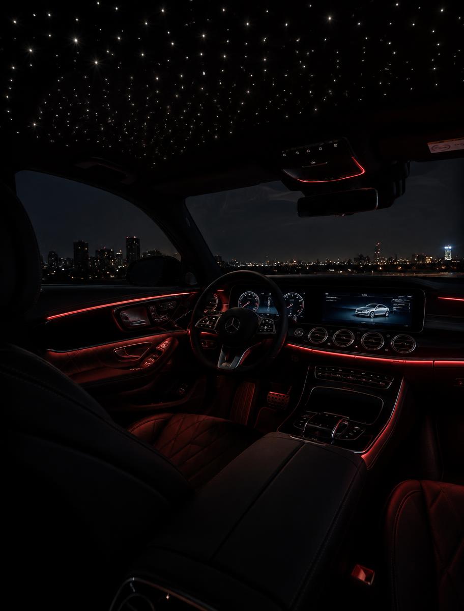Car interior with starlight headliner and red ambient lighting