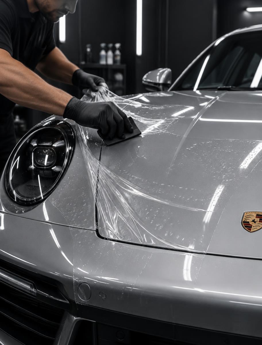Clear paint protection film being installed on a sports car hood